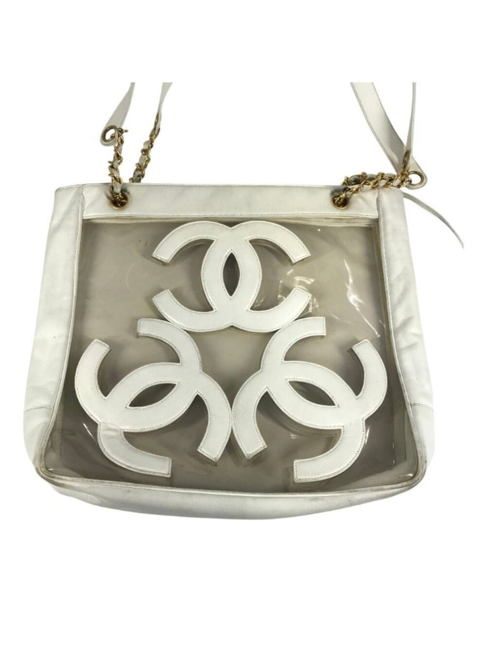 Chanel Shoulder Bag CC Logo Triple Coco Chain Vinyl Leather White - Picture 2 of 9